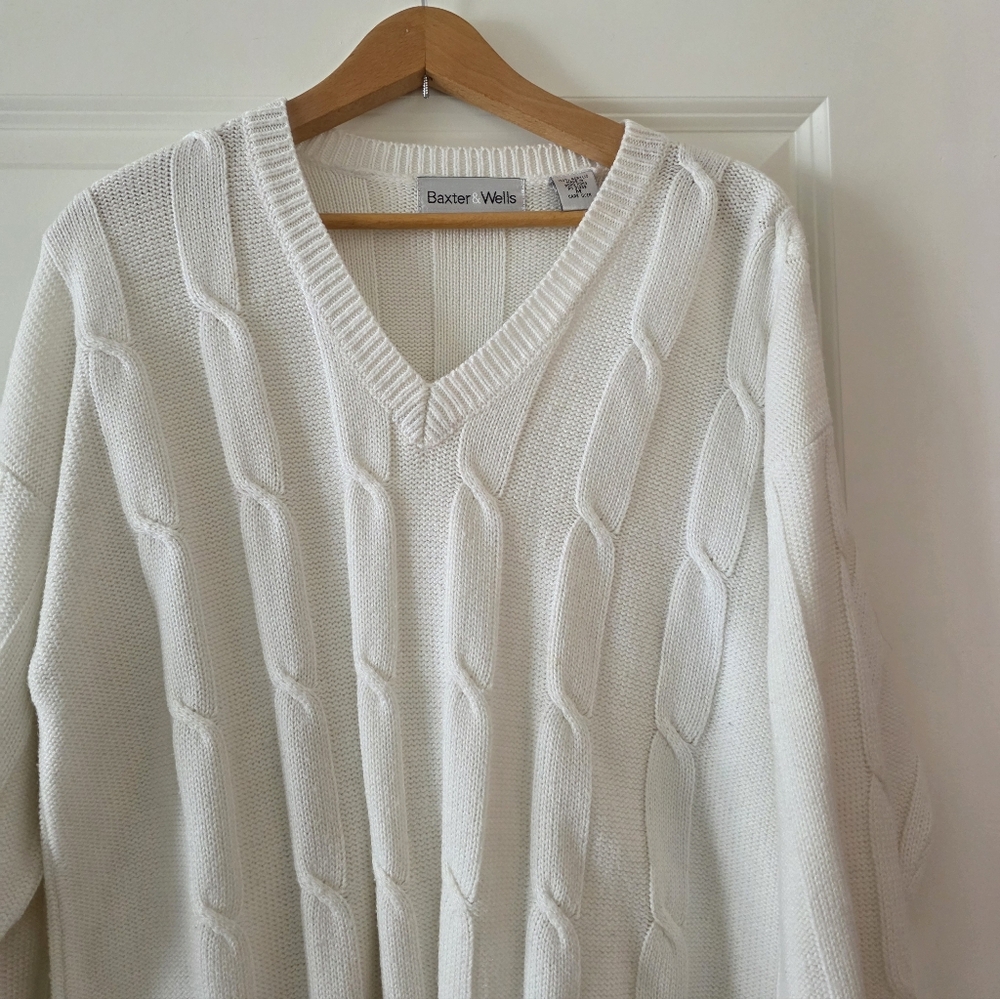 Vintage Baxter & Wells Cableknit Vneck Sweater Womens M Oversized White Preppy